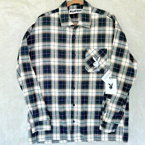 Playboy PacSun Flannel Button Shirt Gray Black Rust Plaid Mens Size M Bunny